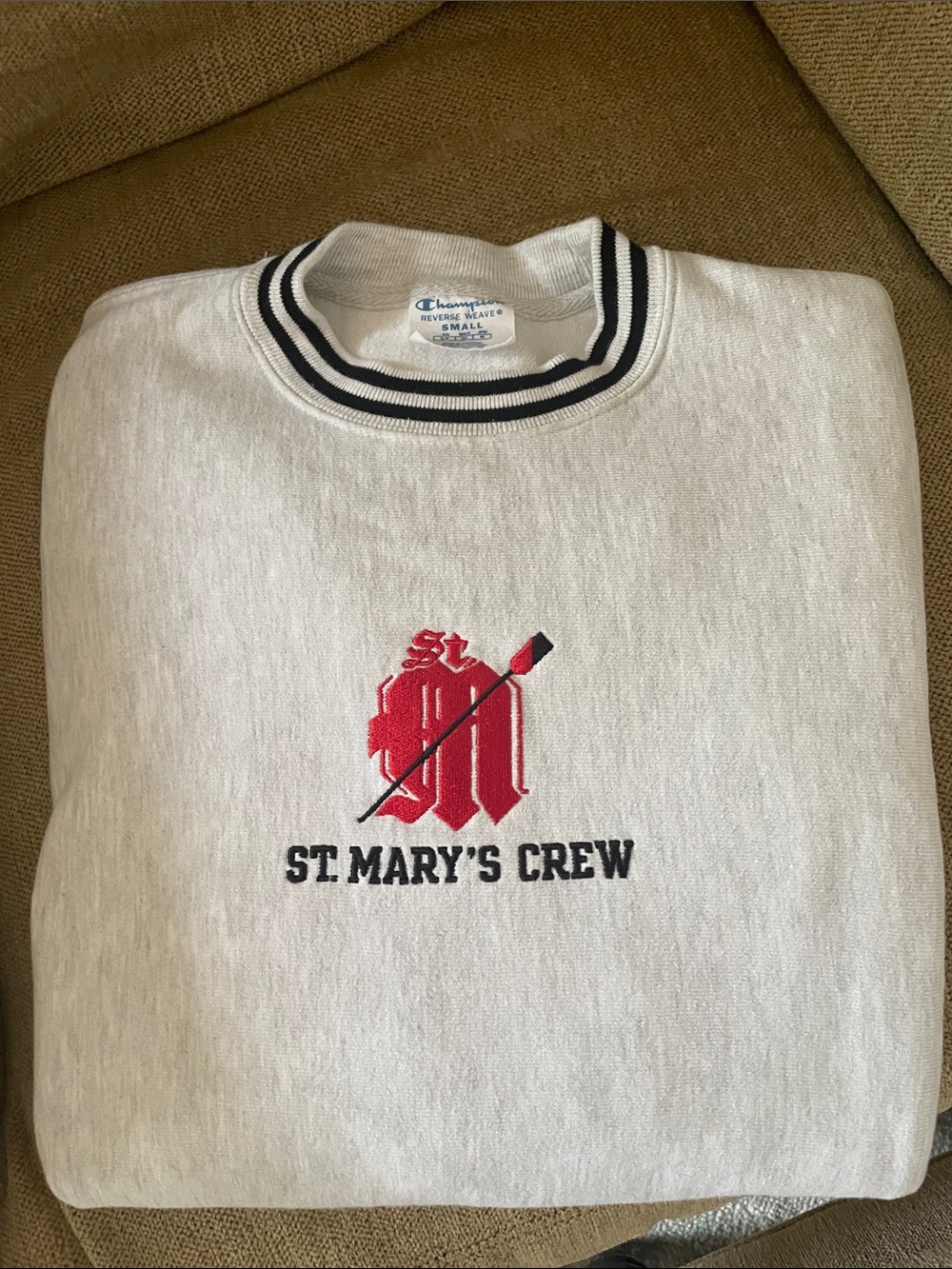 Champion Reverse Weave St.Mary’s Crew Sweatshirt Grey Red Striped Ringer Small